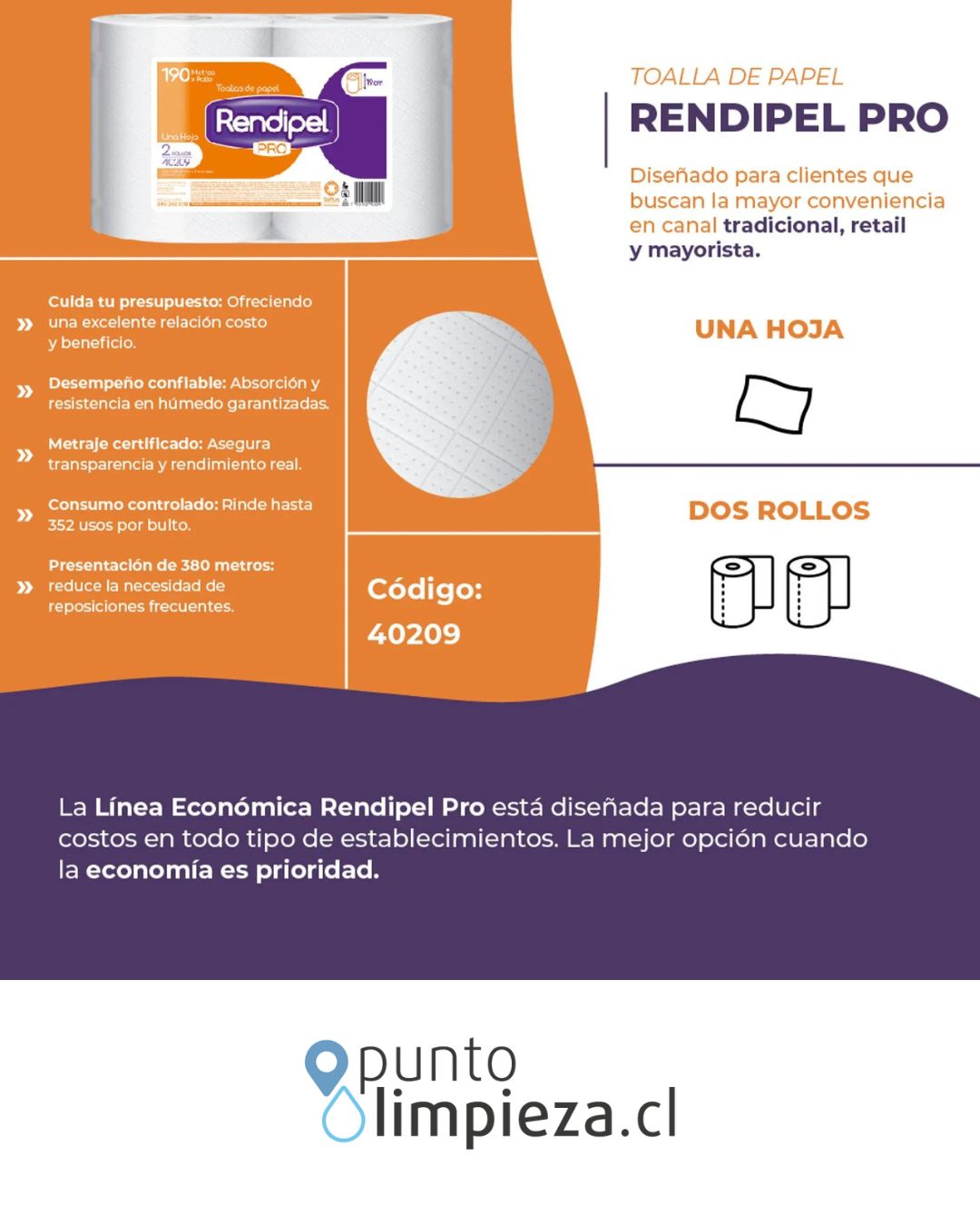 Rendipel Toalla de Papel Industrial Pro 190m 2 rollos