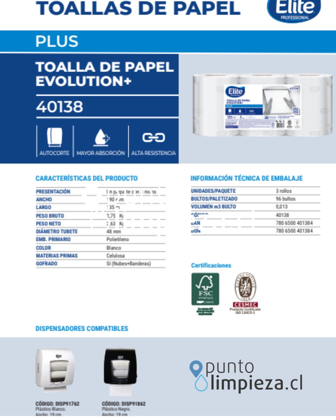 Elite Toalla Rollo Evolution+ Una Hoja 135 metros 3 unid