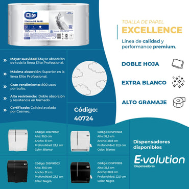 Elite Toalla de Papel Jumbo Doble Hoja 200m 2 rollos - 40724