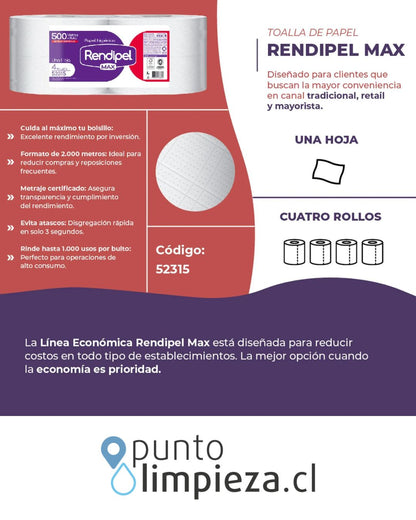 Rendipel Papel Higiénico Industrial Max 500m 4 rollos