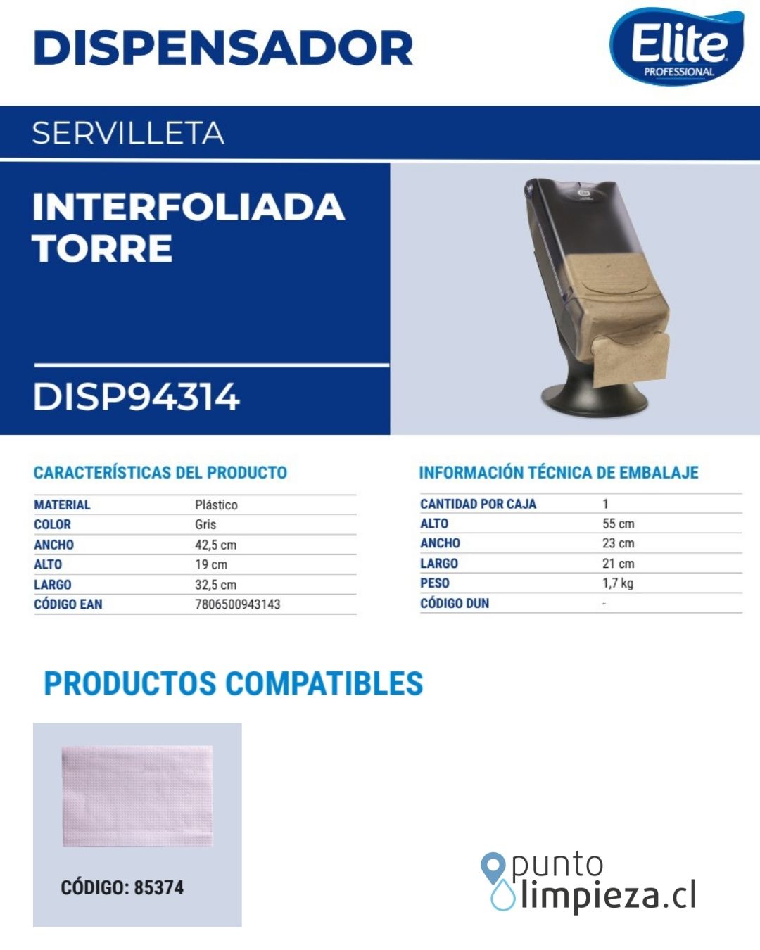 Elite Dispensador Servilleta Interfoliada Torre Gris 1 unid - 94314