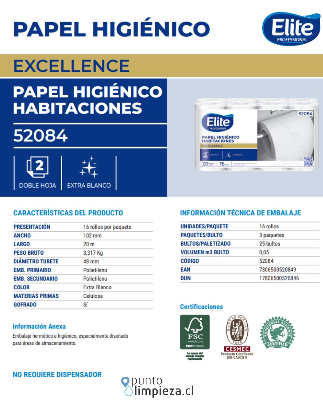 Elite Papel Higiénico Habitaciones Doble Hoja 20 metros 16 rollos