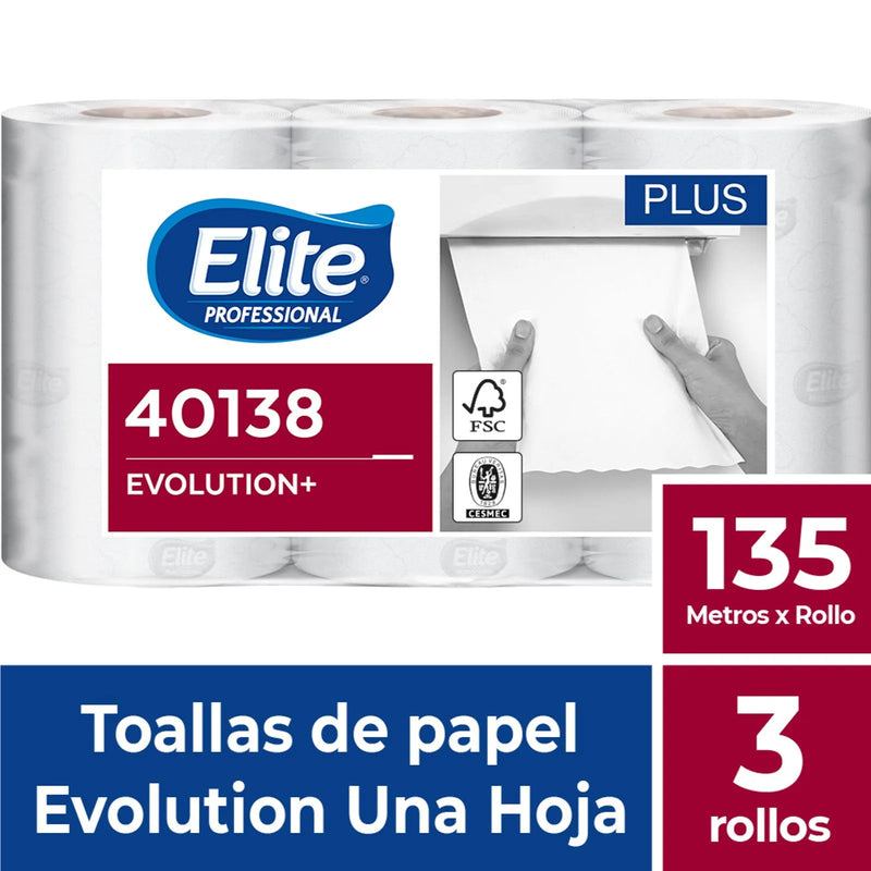 Elite Toalla Rollo Evolution+ Una Hoja 135 metros 3 unid