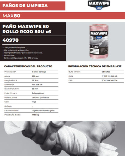Elite Maxwipe Paños de Limpieza MAX80 Rojo 80 unid