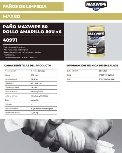 Elite Maxwipe Paños de Limpieza MAX80 Amarillo 80 unid