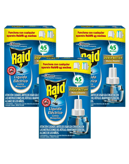 Raid Repuesto Insecticida Liquido Electrico 45 noches Mosquitos y Zancudos 3 x 32,9 cc