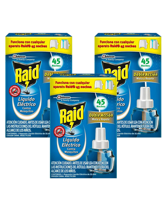 Raid Repuesto Insecticida Liquido Electrico 45 noches Mosquitos y Zancudos 3 x 32,9 cc