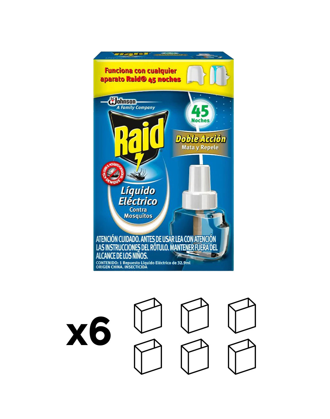 Raid Repuesto Insecticida Liquido Electrico 45 noches Mosquitos y Zancudos 6 x 32,9 cc