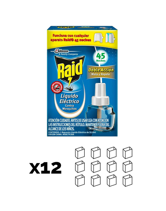 Raid Repuesto Insecticida Liquido Electrico 45 noches Mosquitos y Zancudos 12 x 32,9 cc