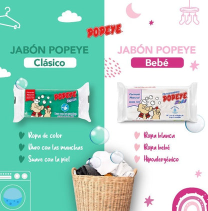 Popeye Jabon Bebe Ropa Blanca y Color 170 gr