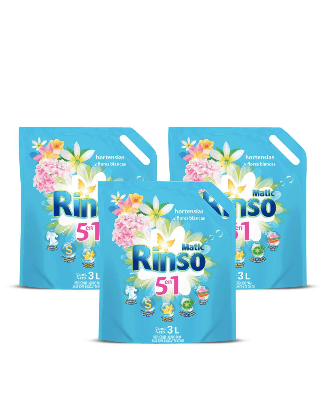 Rinso Detergente Líquido Doypack Hortensias y Flores Blancas 3 x 3 L - Puntolimpieza